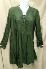 Old Navy Swing Dress Womens Size Small Green Pintuck Long Sleeve Tie Front