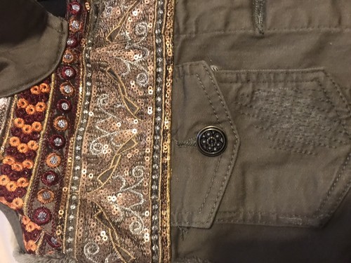 Desigual Khaki Denim Jean Jacket Sz 36/S ~ Floral Knit Sequin Trim Embroidered - Picture 9 of 11
