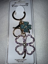 Four-Leaf Clover Bag Charm Keychain Lavender Turquoise Rhinestones Faux Pearl