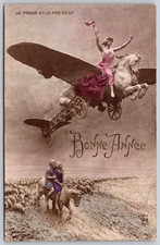 1913 Cartolina Allegorica Francese Aviazione Pegaso Passato Presente Bonne Année C13