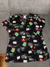 ScrubStar Santa Mail Delivery Christmas V-neck Scrub Top Size M