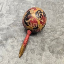 Vintage Hand Carved Wooden Maraca Shaker Folk Art Red Black Tropical Hut Design