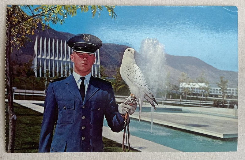 Vintage 1960s Air Force Academy Falconer With Mach 1 Gyrfalcon  Mascot Post Card