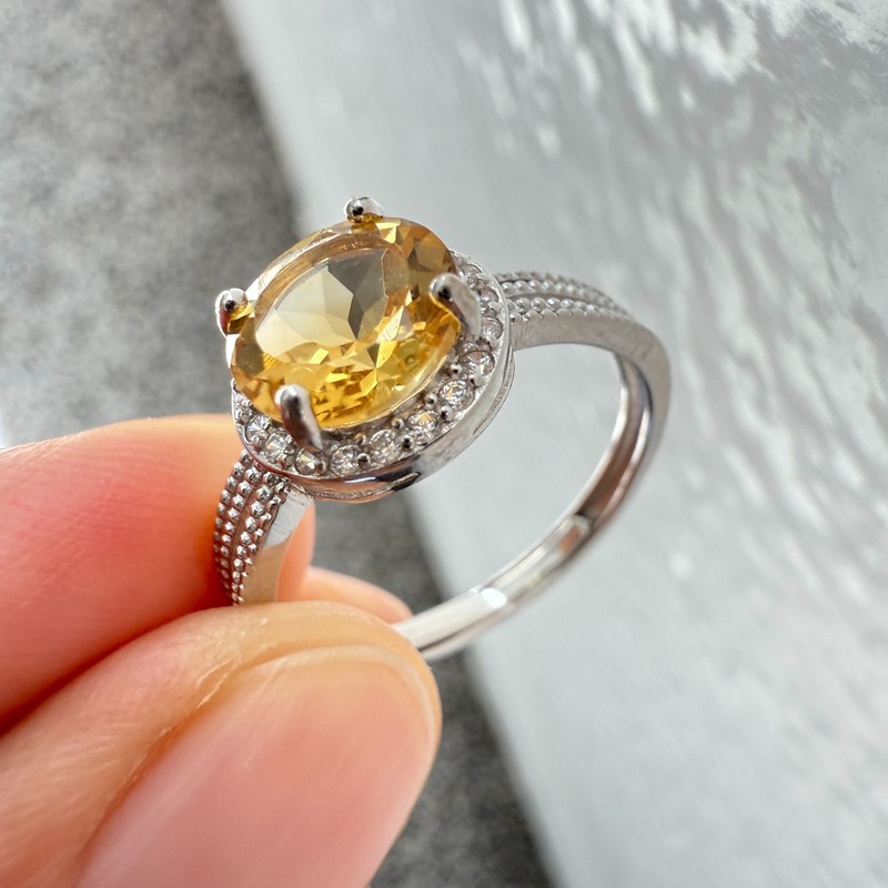 925 Sterling Silver Ring Round 7mm Natural Citrine Gemstone Zircon Yellow Gift