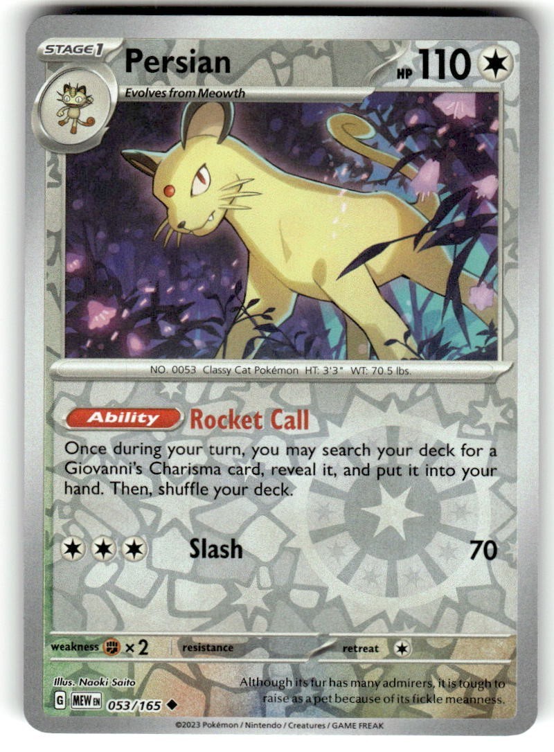 Persian 053/165 Uncommon 151 Pokemon Reverse Holo Near Mint