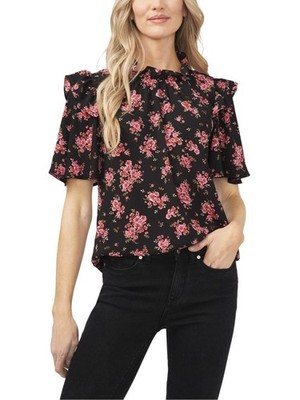 CeCe Black Floral Print Ruffle Neck Short Sleeve Romantic Blouse Size S NWT