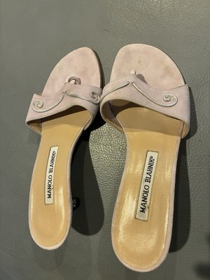 Manolo Blahnik Y2K Vtg Greek Goddess Pink Suede Gold Silver Kitten Mules 35.5
