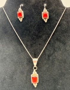 Vtg 14g Italian Handcrafted 925 Sterling Silver Red Coral Necklace & Earring Set