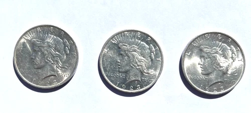 Lot of 3 Beautiful Peace Silver Dollars, AU, 90% Silver Content, All 1923-P