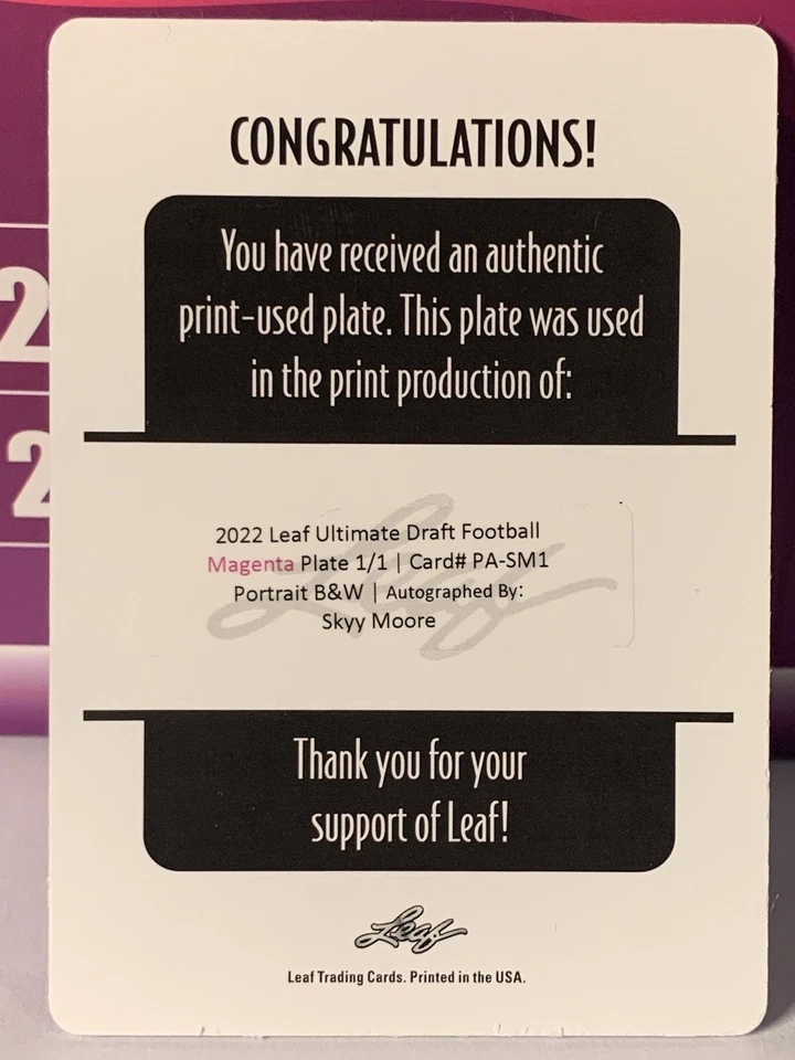 2022 Leaf Ultimate Draft Printing Plate Magenta 1/1 Skyy Moore Rookie Auto RC - Image 2 of 2