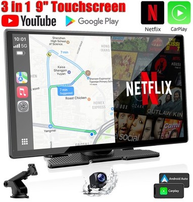 9 Zoll Tragbarer Autoradio Mit YouTube Netflix CarPlay Android Auto+1080P Kamera