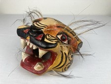 VINTAGE MEXICAN FOLK ART WOOD TIGER MASK WHISKERS HAND CARVED & PAINTED RARE!