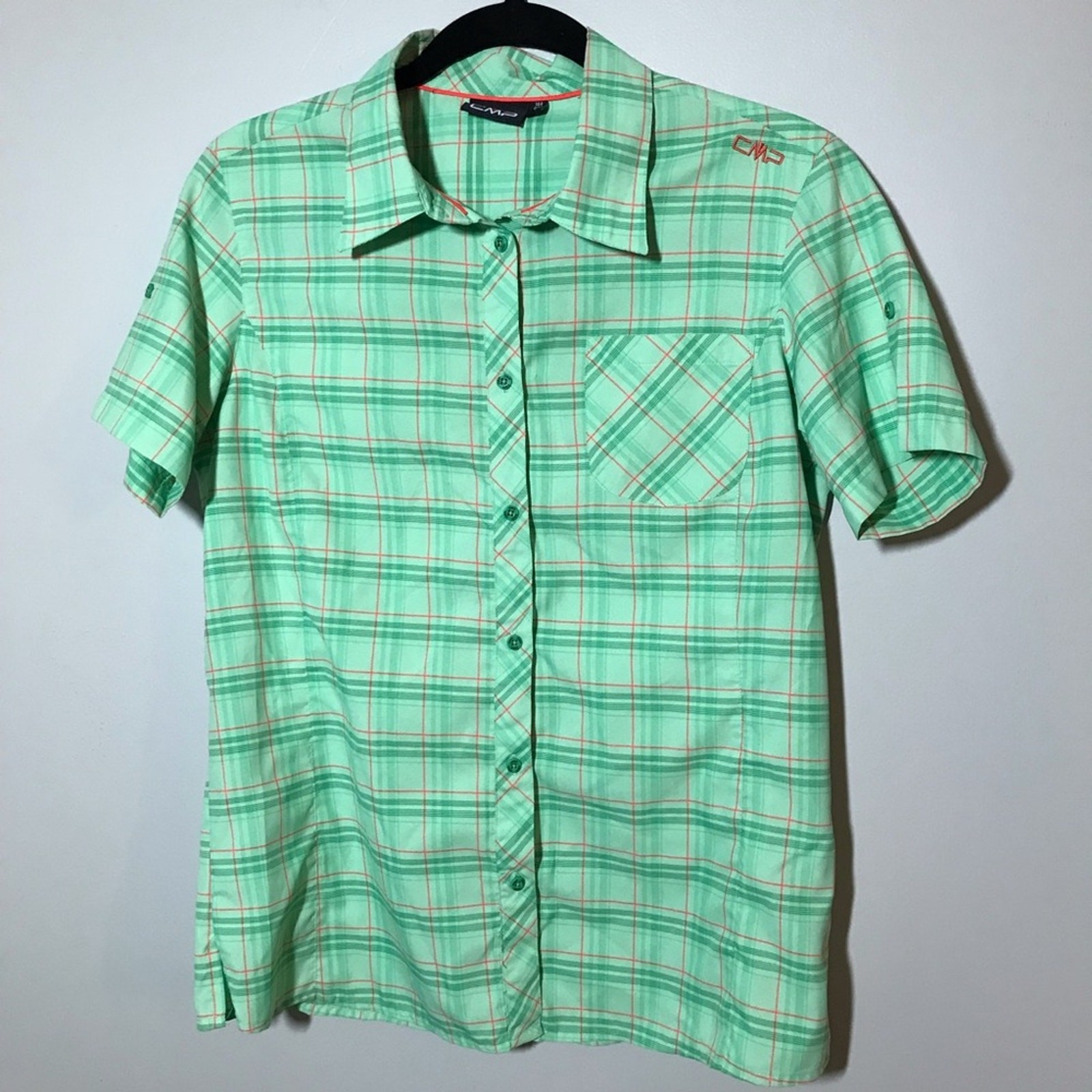Cmp dry function short sleeve button up  green pl… - image 1
