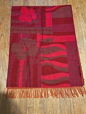 Soft Touch Vibrant Red Floral Geo Print Shawl Scarf Wrap 70 x 27 Fringed EUC
