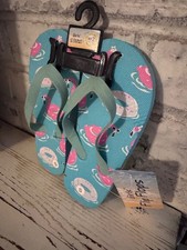 Girls Size Small 11/12 Blue Flamingo Print Flip Flops