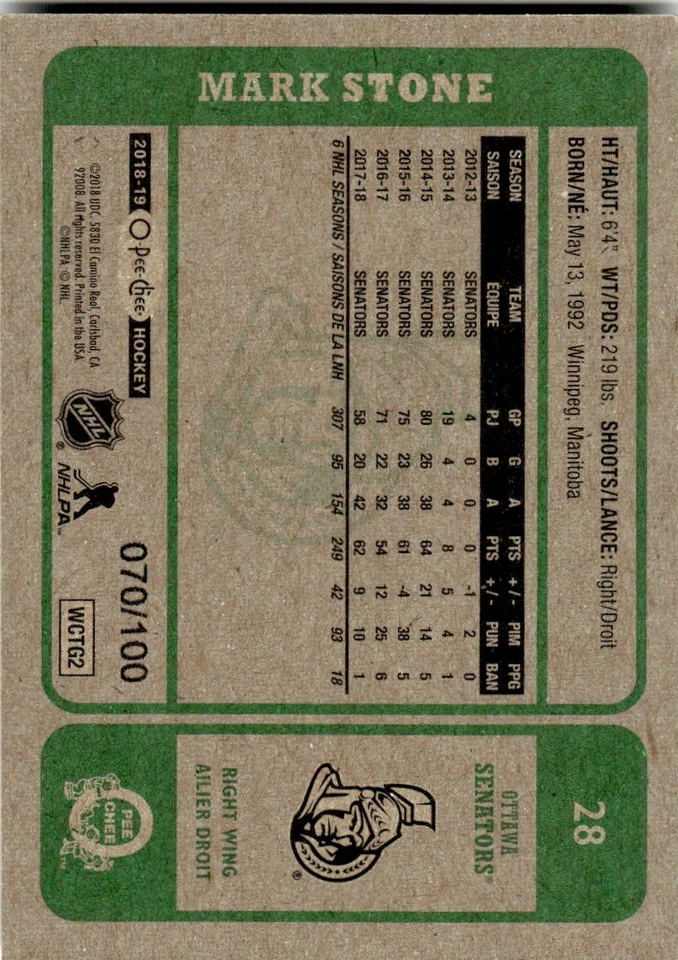 2018-19 O-Pee-Chee Retro Black Mark Stone 070/100 Ottawa Senators #28 - Image 2 of 2