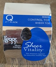 L'eggs Sheer Energy/Vitality Control Top Sheer Toe Pantyhose JET BLACK Size Q