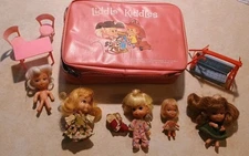 Vtg Lot 1965 Mattel Liddle Kiddles Zip Pink Case w 5 Dolls Swing Table Chairs