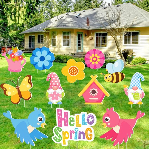 12 Pcs Hello Spring Outdoor Yard Decoration Flower Gnome Garden Lawn Stake Si...