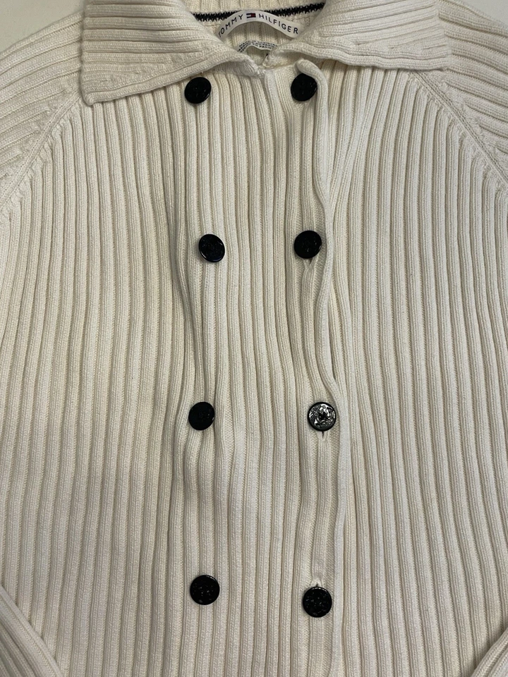 Cardigã Tommy Hilfiger suéter masculino XL botão duplo logotipo remendo marfim - Imagem 2 de 4