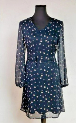 Dunkelblaues, gemustertes, knielanges Sommerkleid von ICHI (Gr. 36)