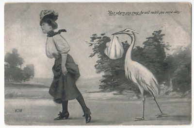 Antique 1910s Run Where You May  He Will Catch You Someday Stork Postcard