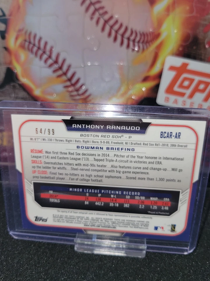 2015 年 Bowman Chrome Anthony Ranaudo BCAr-AR 签名 RC 17/99 波士顿红袜队 — 第 2/2 张图片