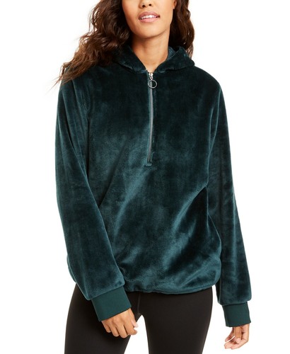 Ideology Womens Faux-Fur Quarter-Zip Hoodie, Deep Pine