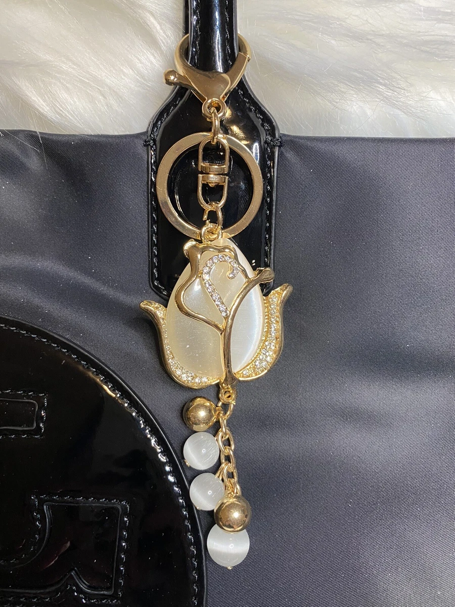 flower bag charm keychain car Key Clip On Purse Rhinestone Sparkling Gold