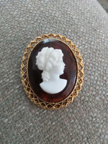  Vintage Gold Tone Frame Carved Cameo On Brown - Picture 1 of 1