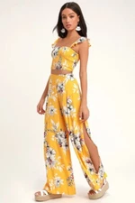 New Lulus All Abloom Yellow Floral Print Two-Piece Jumpsuit - XS