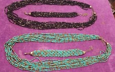 2 Glass Seed Bead Necklace Bracelet Sets: 4 Turquoise, Black, Metallic