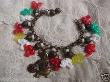 VINTAGE MULTICOLOR GUM MACHINE ELEPHANTS CHARM BRACELET  FILIGREE BRASS BEADS 