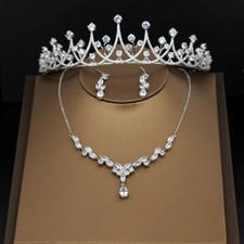 Luxury All CZ Cubic Zirconia Necklace Earrings Crown Set Wedding Party Pageant P