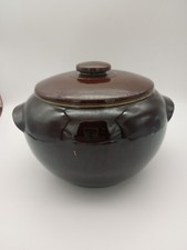 Bean Pot Vintage Made in USA Boston Baked Bean Brown Crock Double Handle Lid