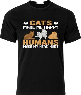 Cats make me Happy Humans make my head hurt Full Colour D.T.F Black  T shirt