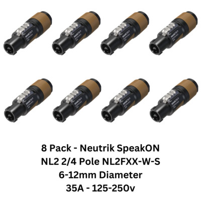 8x Pack Neutrik SpeakON NL2 4 Pole NL2FXX-W-S for Speakers