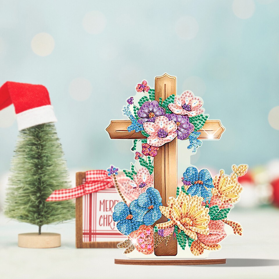 Wooden Special Shaped Flower Cross Diamond Painting Art Kits Desktop