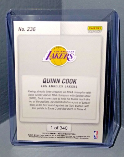 Tarjeta de baloncesto Quinn Cook 2019-20 Panini NBA Instant Lakers #236 1 de 340 - Imagen 2 de 2