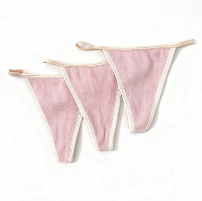 Set of 3 Women s Pink Ribbed Cotton Thong Panties White Trim Size S - Brand New