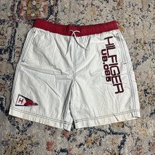 Tommy Hilfiger Vintage 90's Big Logo Swim Trunks Board Shorts Surf M White 7 in