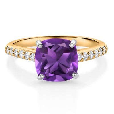 10K Yellow Gold 8MM Cushion Cut Amethyst and White Lab Grown Diamond Engagement