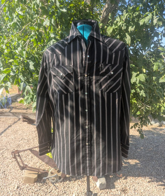 Ely Cattleman Men L Black Striped Pearl Snap Western Cowboy Shirt Long Sleeve