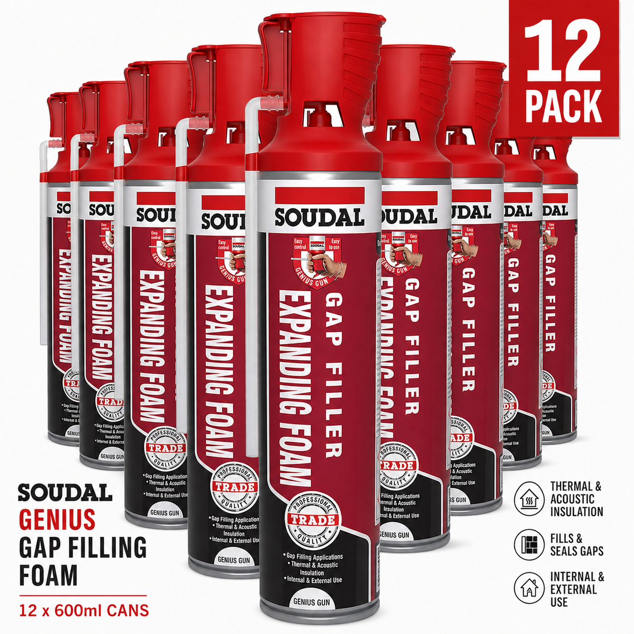 6 x Soudal Hand Held PU Expanding Foam 600ml Genius Gun Filler Insulation - Image 6