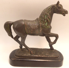 VINTAGE BRONZE METAL HORSE STATUE FIGURINE ART SCULPTURE ON TIMBER BASE