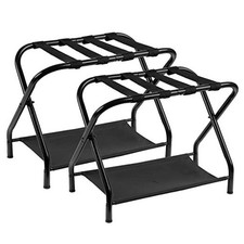 Luggage Rack, Pack of Steel Folding Suitcase Stand with Storage Shelf 2 Black