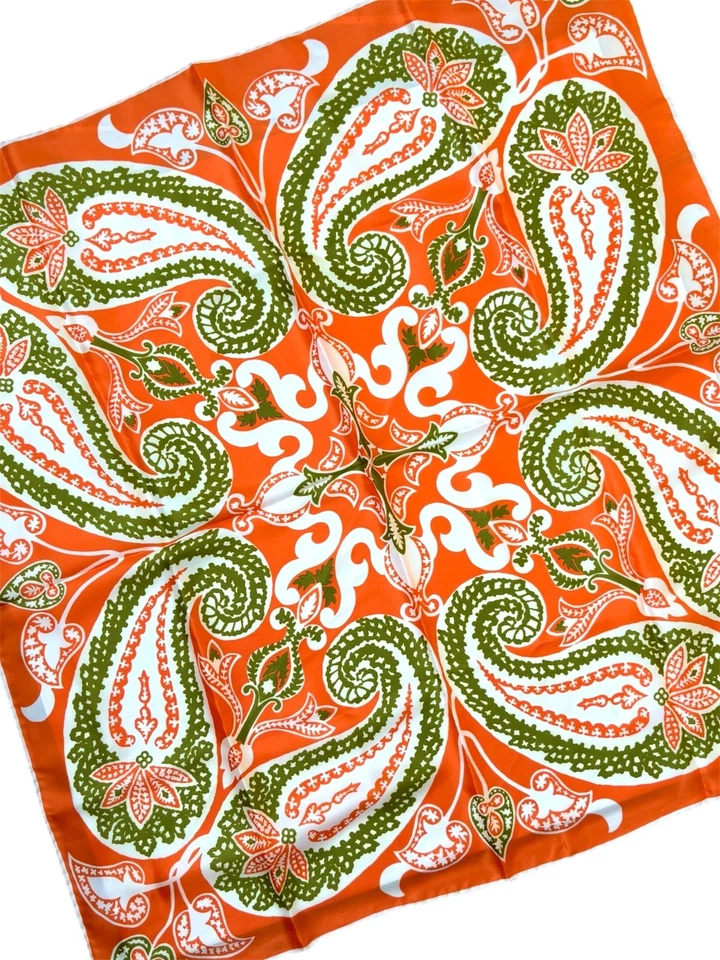 Vera зеленый и оранжевый пейсли узор вручную свернутый шарф, винтажный Vera Neumann - Изображение 2 из 4