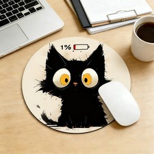 Funny 1 Battery Black Cat Round Mouse Pad Non-Slip Rubber Office Desk Mat Gift