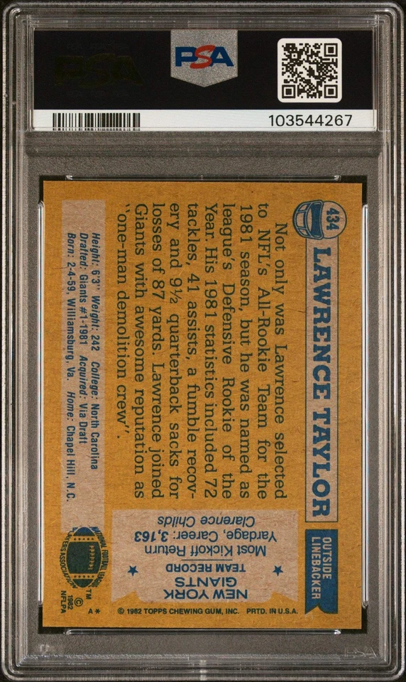 Graded 1982 Topps Lawrence Taylor #434 Rookie RC Football Card PSA 8 Near Mint - Image 2 of 2