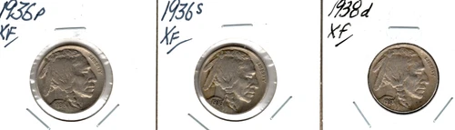 3  BUFFALO NICKELS   XF~ 1936 P, 1936 S, AND 1938 D ~ EXTRA FINE ~NO RESERVE